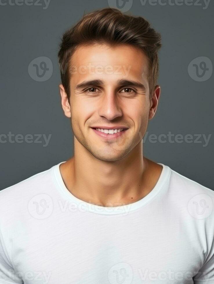 Happy european man in casual clothing against a neutral background AI Generative photo