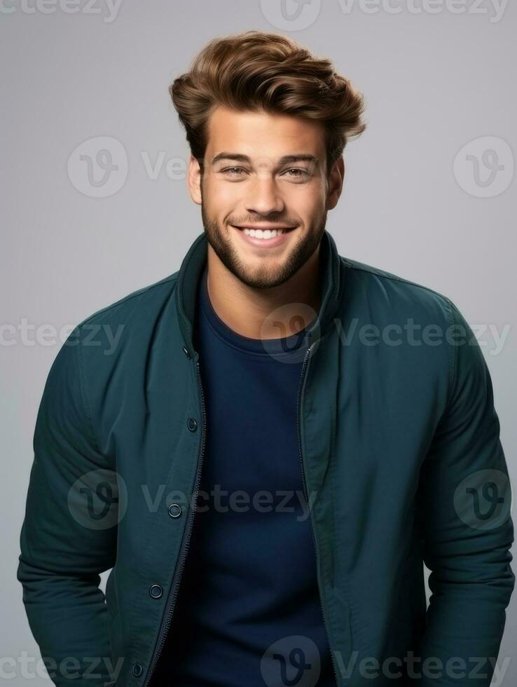 Happy european man in casual clothing against a neutral background AI Generative photo