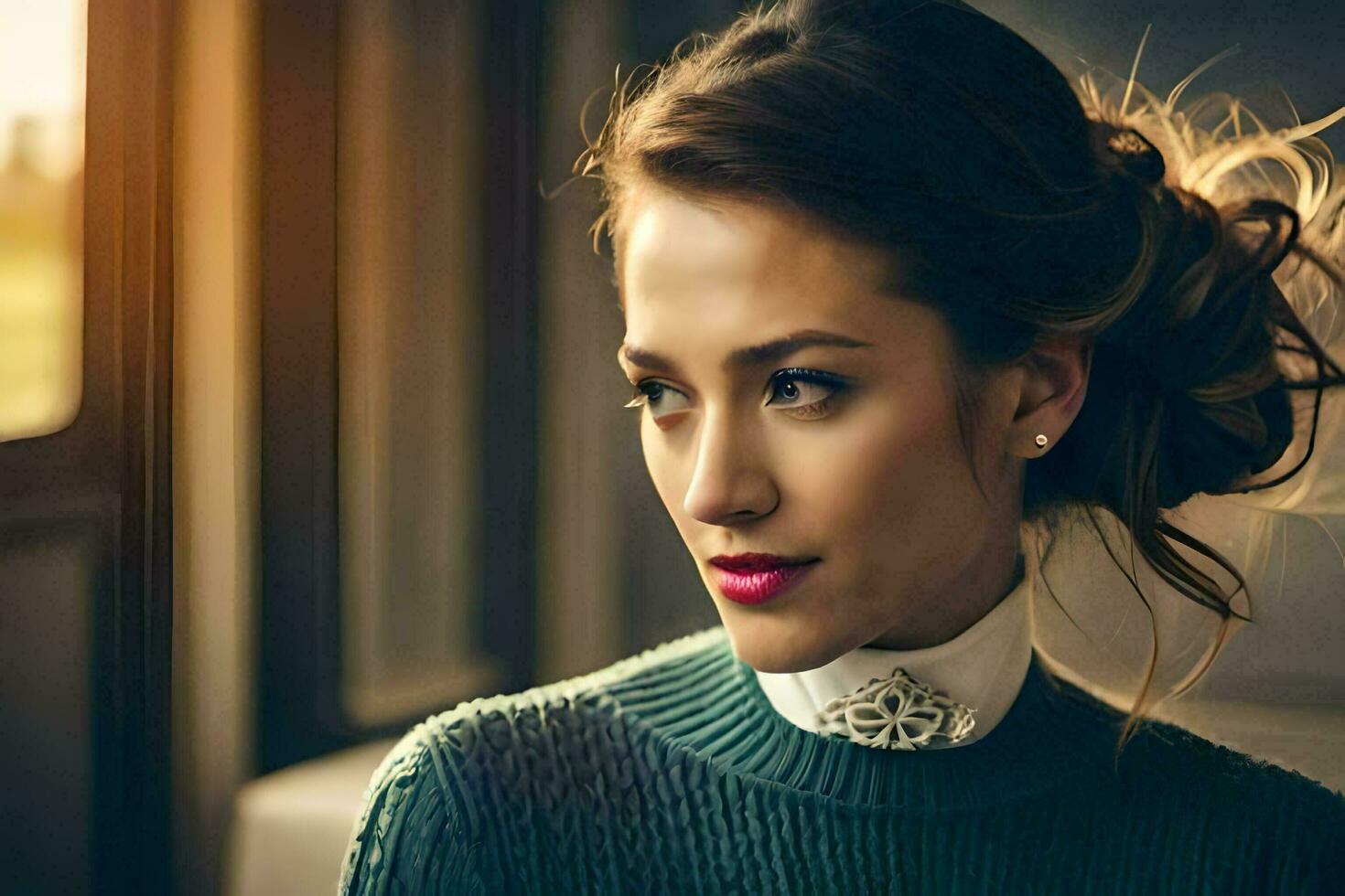 a woman with a bun in her hair sitting on a train. AI-Generated photo
