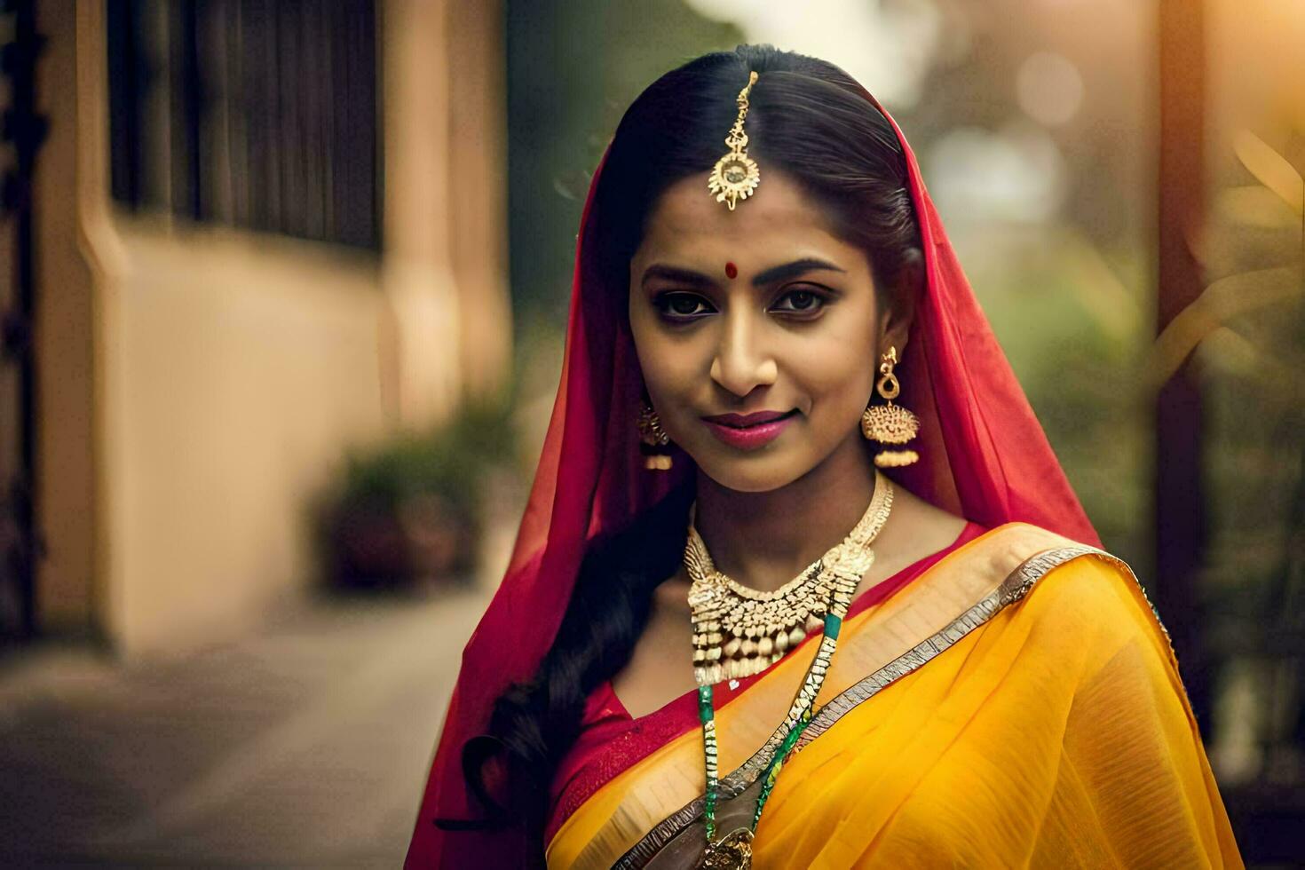 a beautiful indian woman in a yellow sari. AI-Generated photo