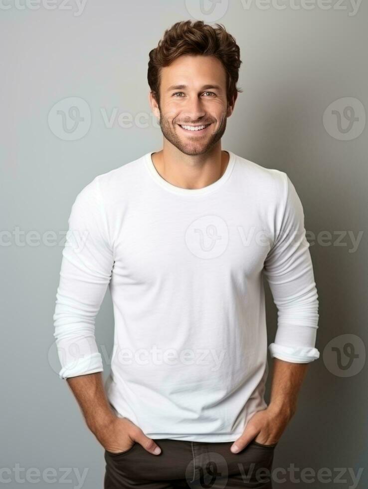 Happy european man in casual clothing against a neutral background AI Generative photo