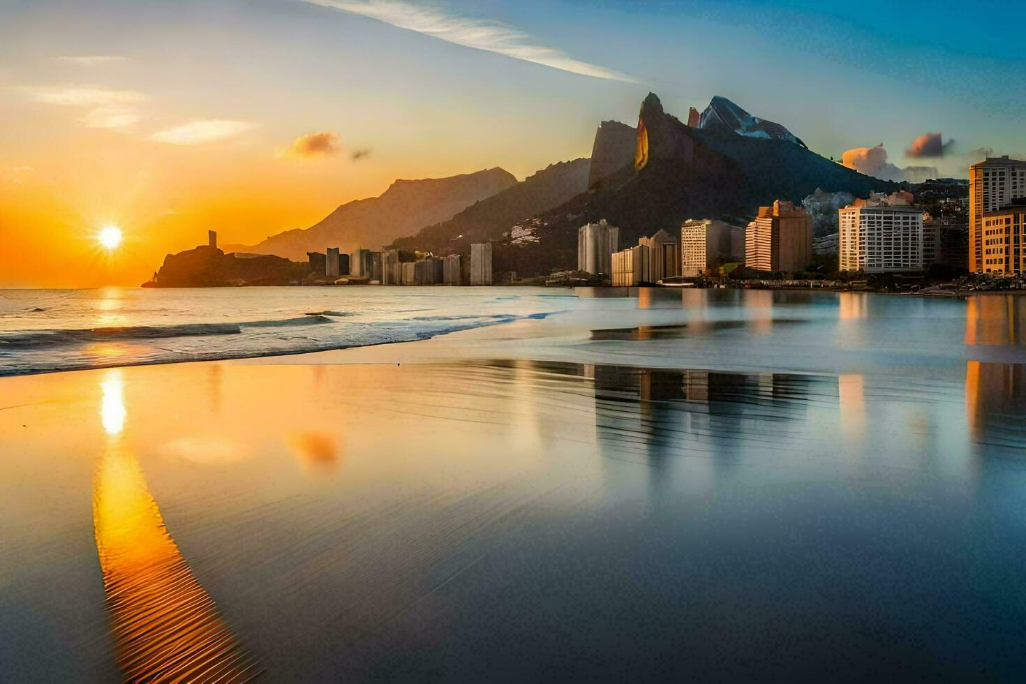 the sun sets over the beach and mountains in rio. AI-Generated photo