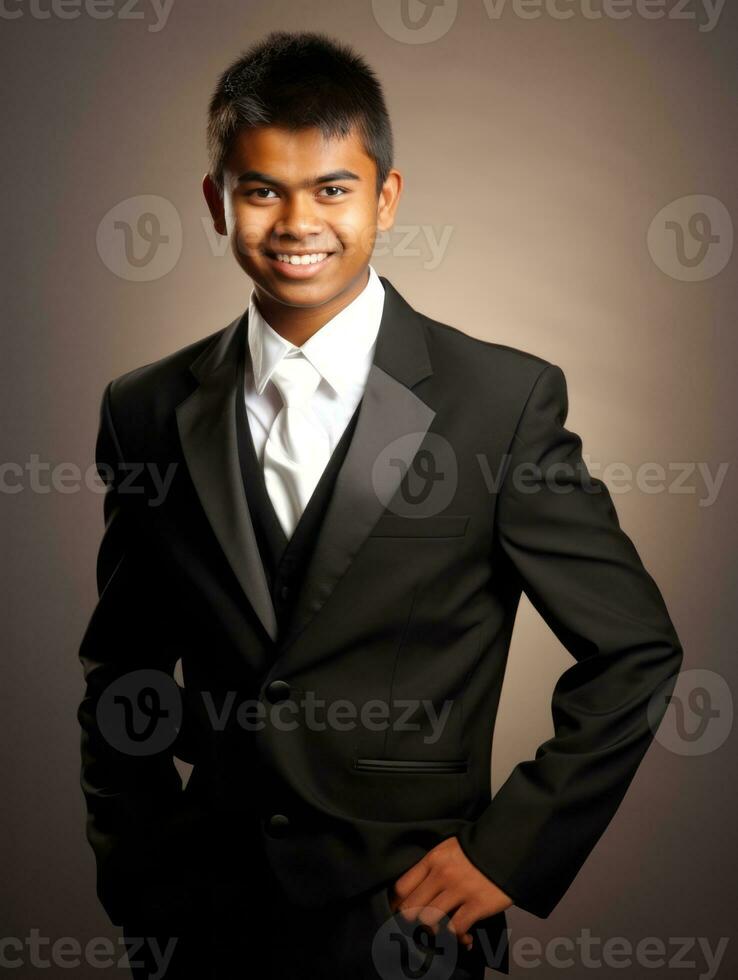 Smiling young man of Asian descent dressed in suit on gray background AI Generative photo