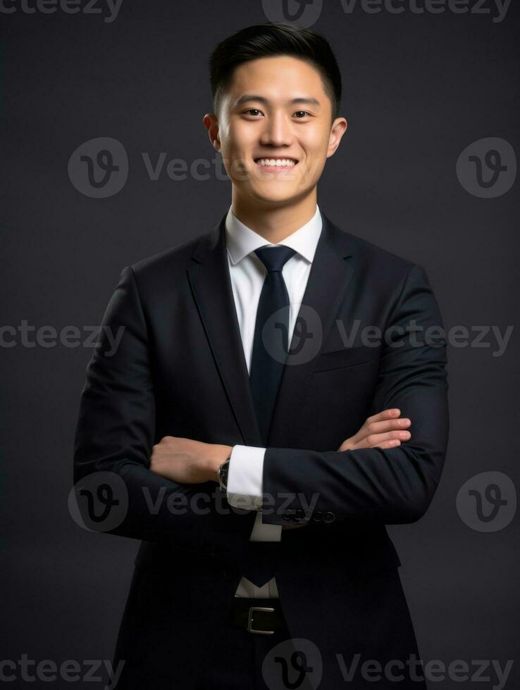 Smiling young man of Asian descent dressed in suit on gray background AI Generative photo