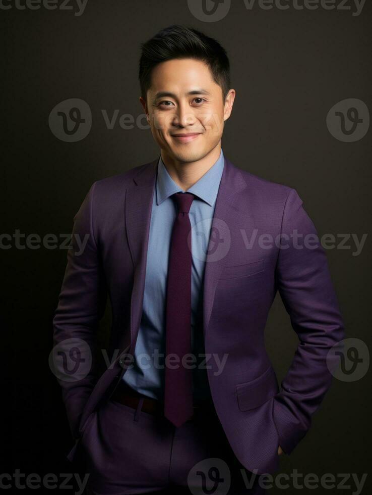Smiling young man of Asian descent dressed in suit on gray background AI Generative photo