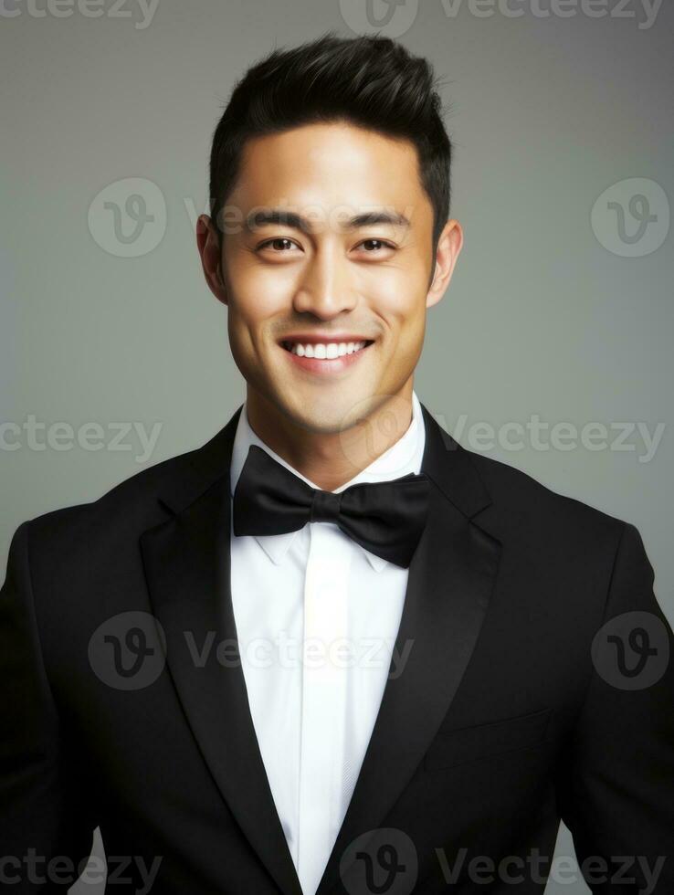 Smiling young man of Asian descent dressed in suit on gray background AI Generative photo