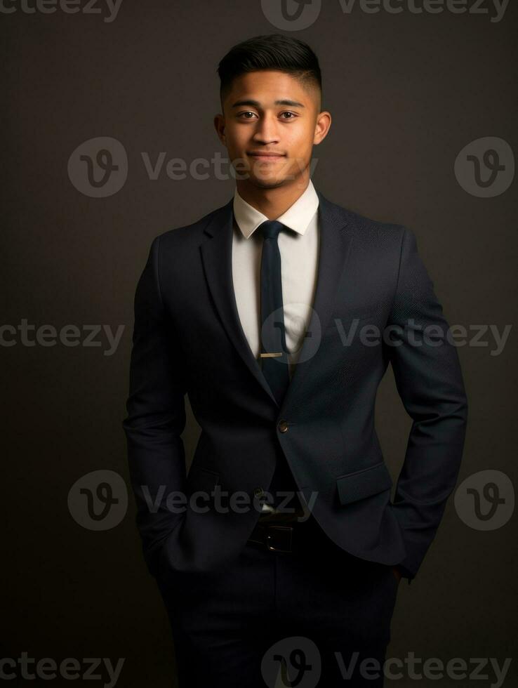 sonriente joven hombre de asiático descendencia vestido en traje en gris antecedentes ai generativo foto