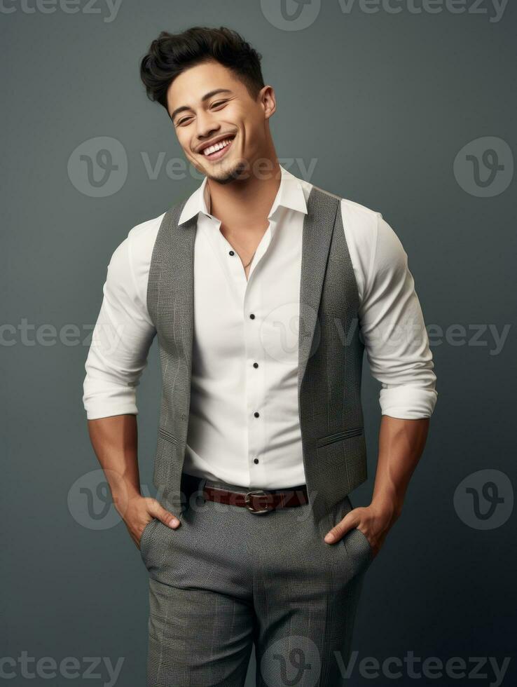 Smiling young man of Asian descent dressed in suit on gray background AI Generative photo