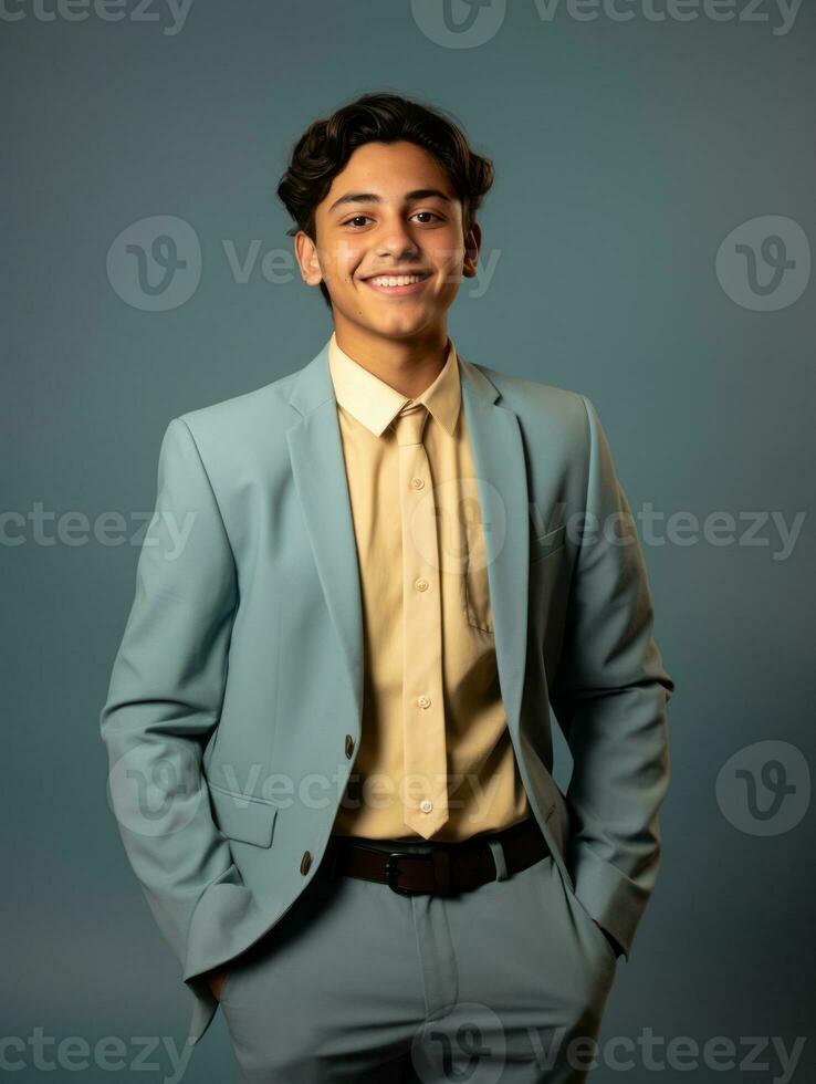 Smiling young man of Asian descent dressed in suit on gray background AI Generative photo