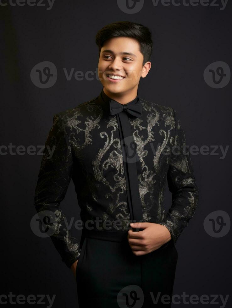 Smiling young man of Asian descent dressed in suit on gray background AI Generative photo