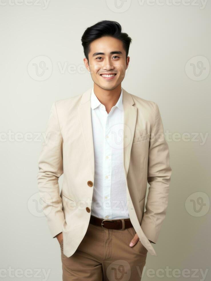 Smiling young man of Asian descent dressed in suit on gray background AI Generative photo