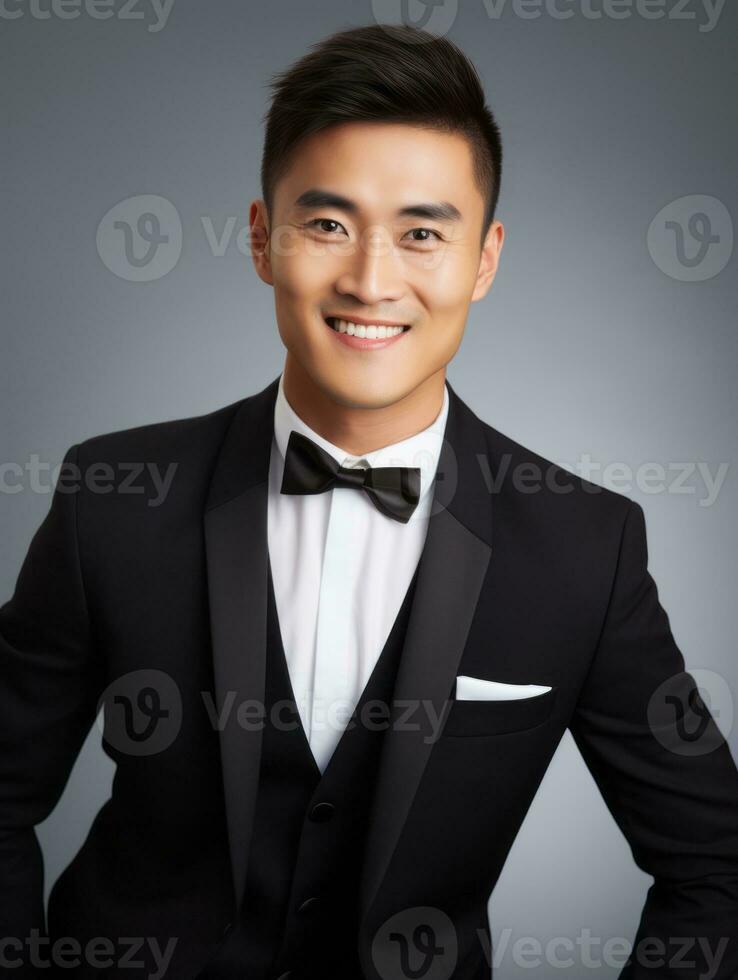 Smiling young man of Asian descent dressed in suit on gray background AI Generative photo