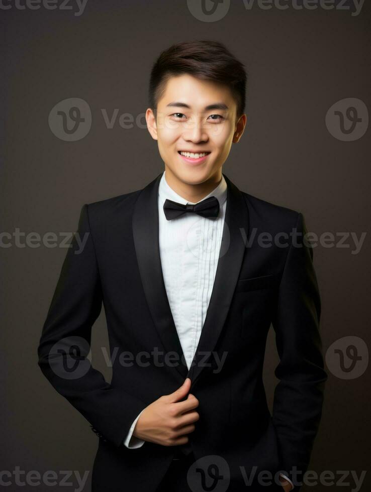 Smiling young man of Asian descent dressed in suit on gray background AI Generative photo