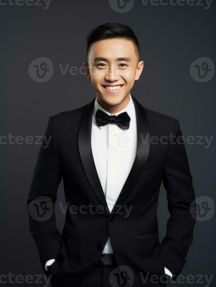 Smiling young man of Asian descent dressed in suit on gray background AI Generative photo