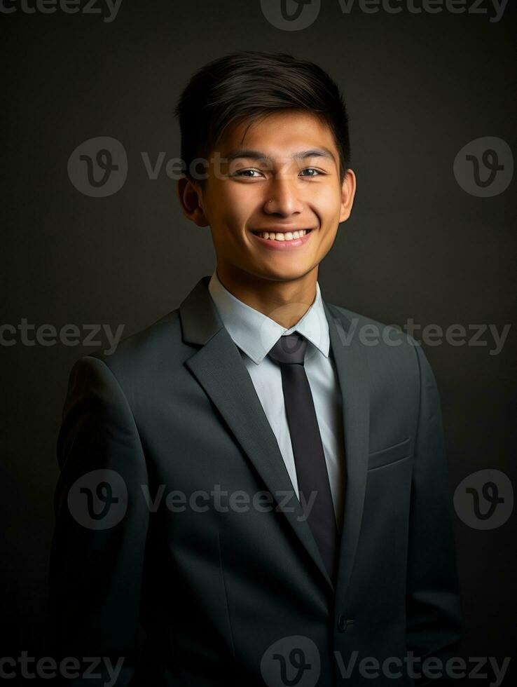 Smiling young man of Asian descent dressed in suit on gray background AI Generative photo