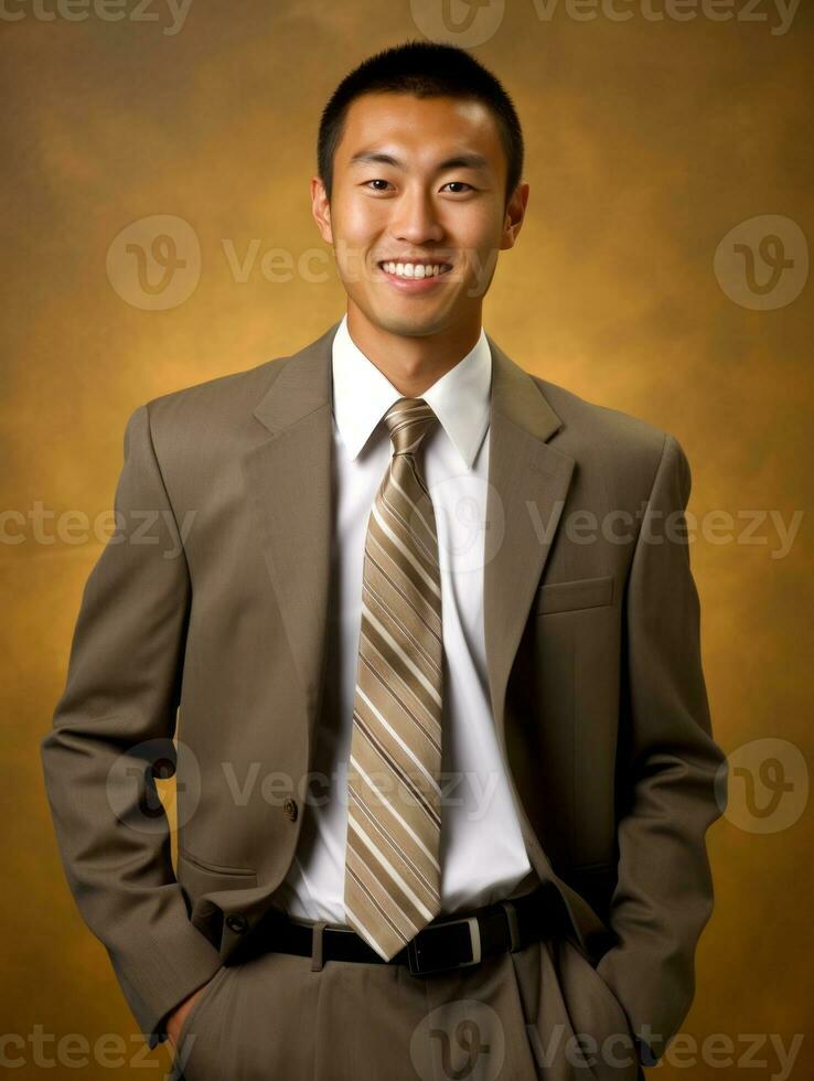 Smiling young man of Asian descent dressed in suit on gray background AI Generative photo