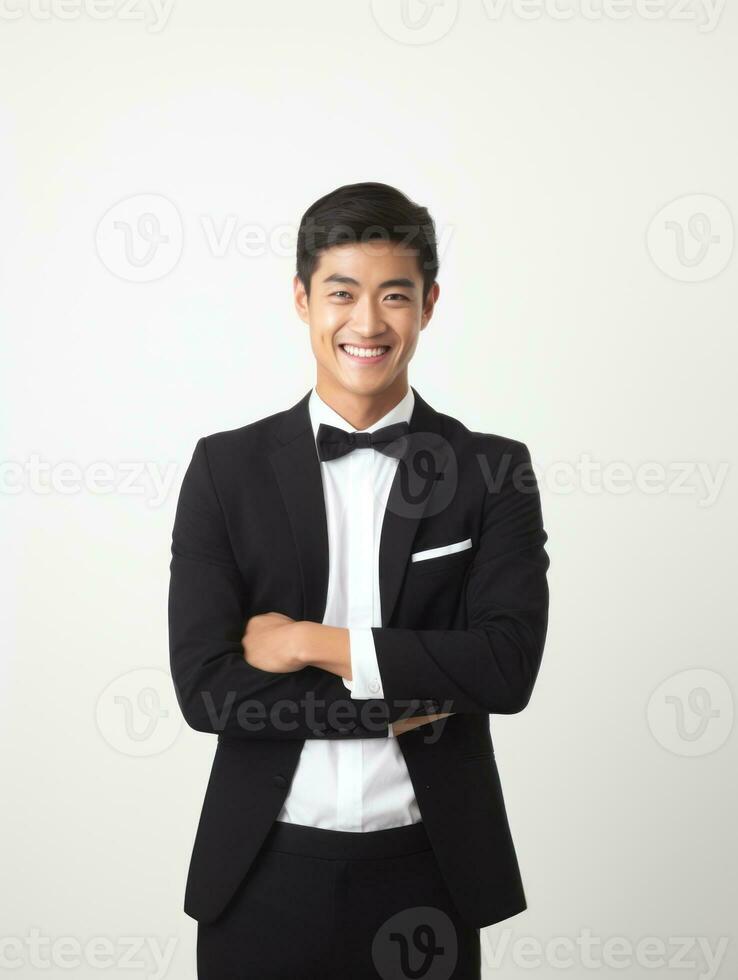 Smiling young man of Asian descent dressed in suit on gray background AI Generative photo