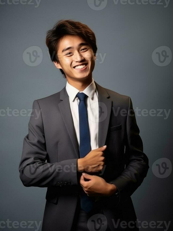 Smiling young man of Asian descent dressed in suit on gray background AI Generative photo