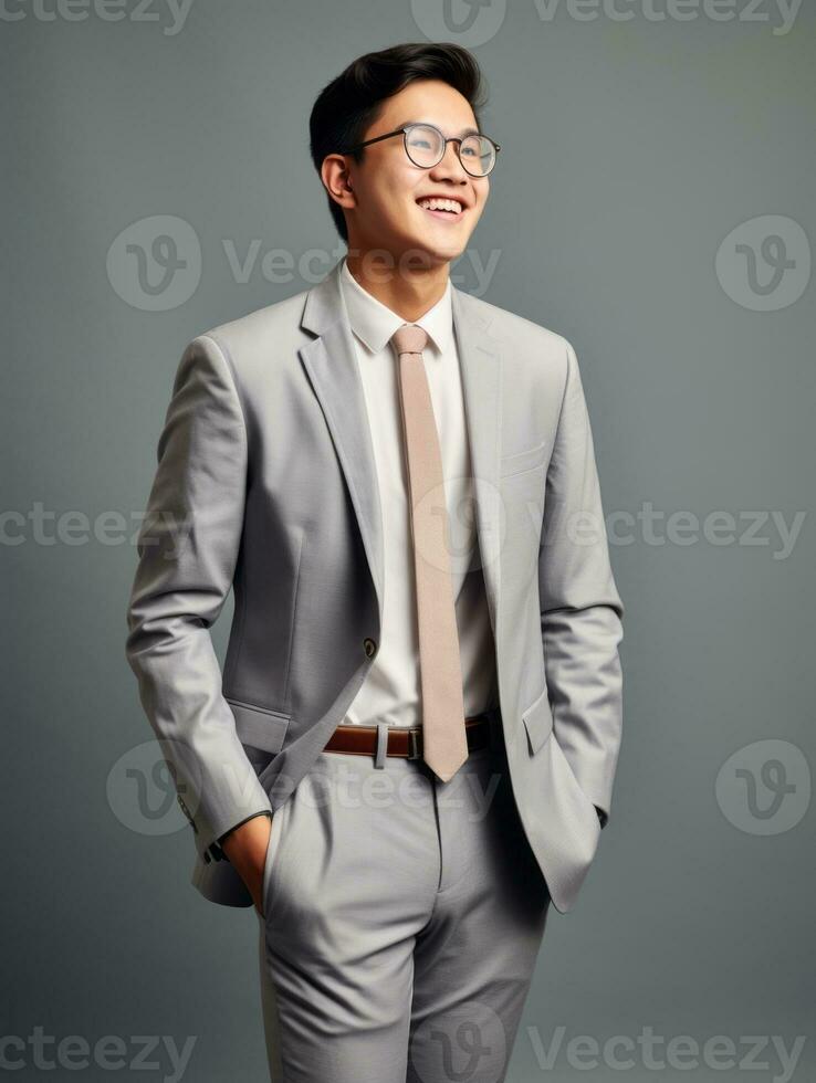 Smiling young man of Asian descent dressed in suit on gray background AI Generative photo