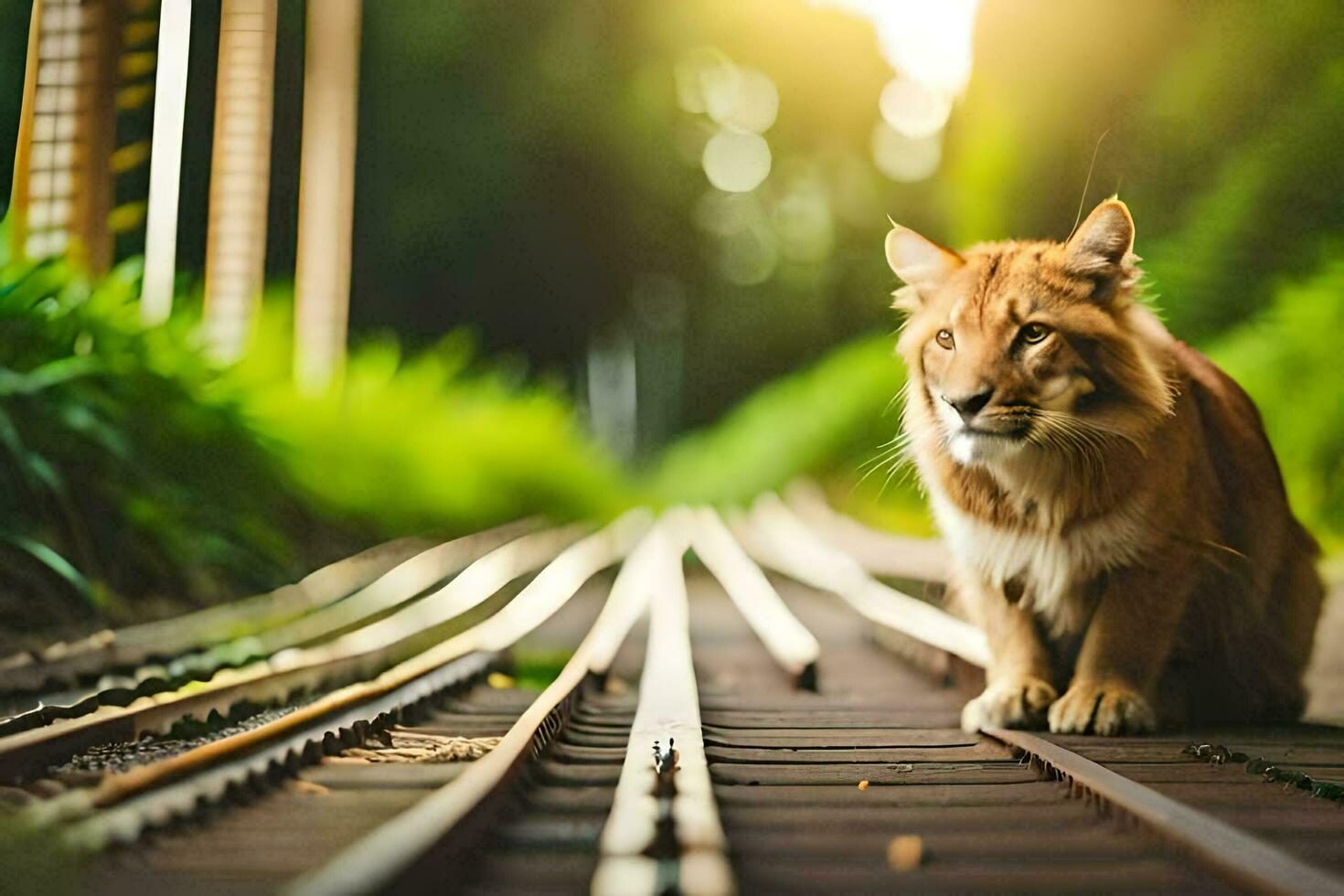 a cat sitting on the tracks in the woods. AI-Generated photo