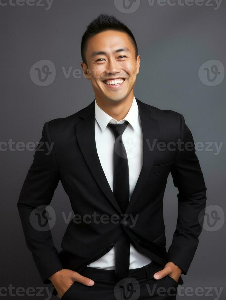 Smiling young man of Asian descent dressed in suit on gray background AI Generative photo