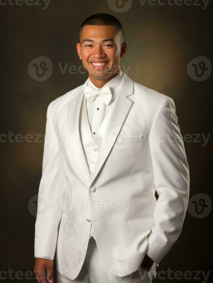 Smiling young man of Asian descent dressed in suit on gray background AI Generative photo