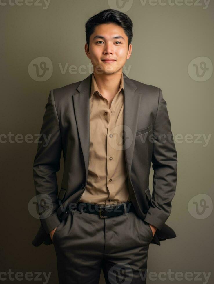 Smiling young man of Asian descent dressed in suit on gray background AI Generative photo