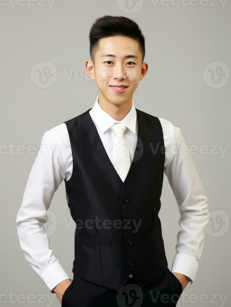 Smiling young man of Asian descent dressed in suit on gray background AI Generative photo