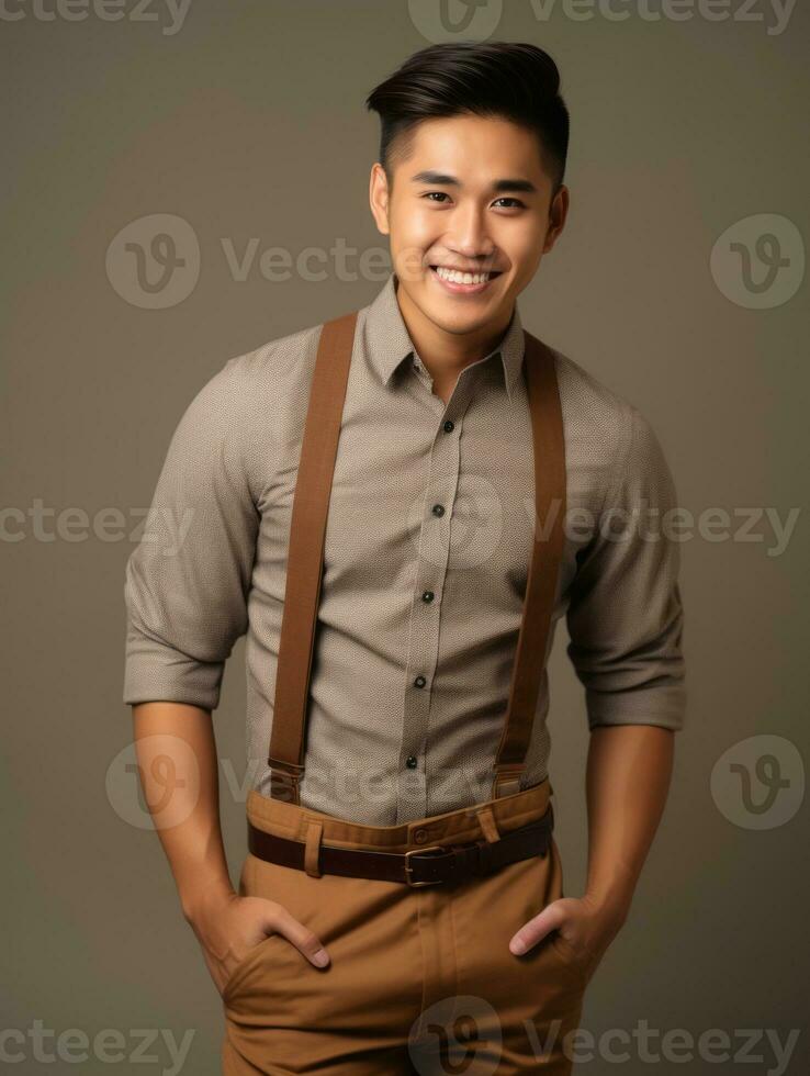 Smiling young man of Asian descent dressed in suit on gray background AI Generative photo