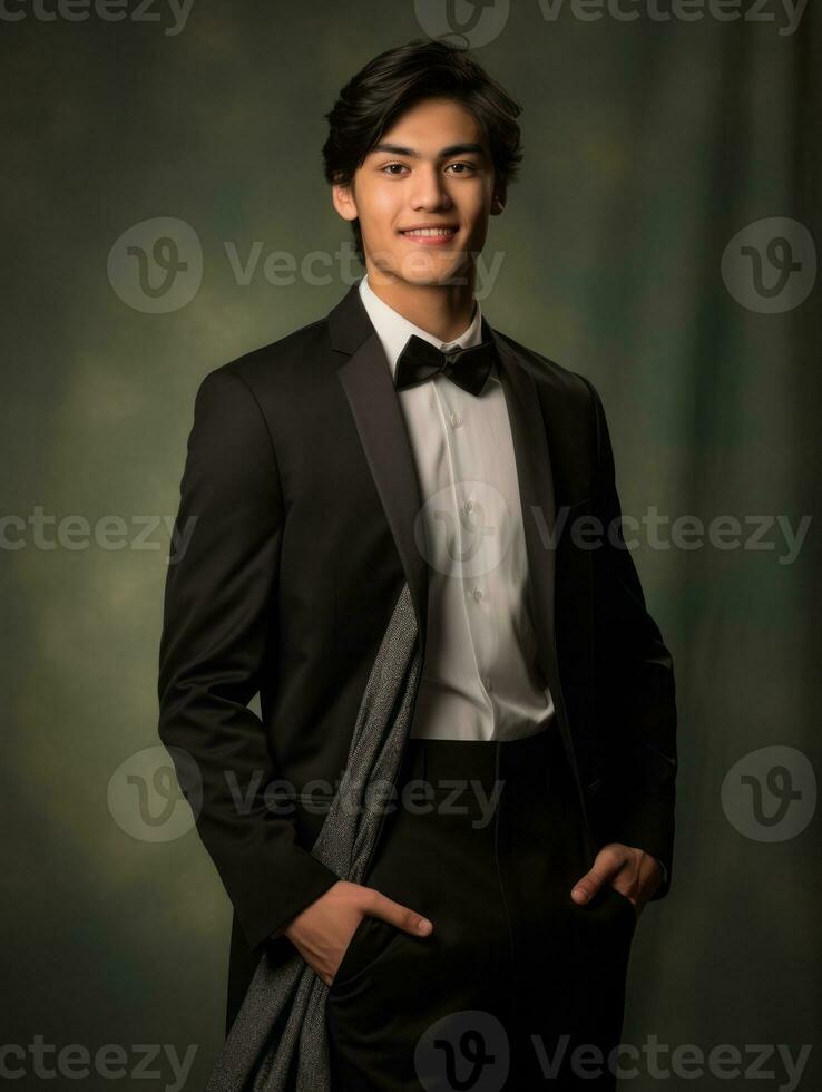 Smiling young man of Asian descent dressed in suit on gray background AI Generative photo