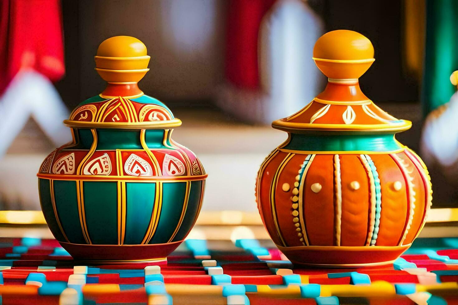 two colorful vases sitting on a table. AI-Generated photo