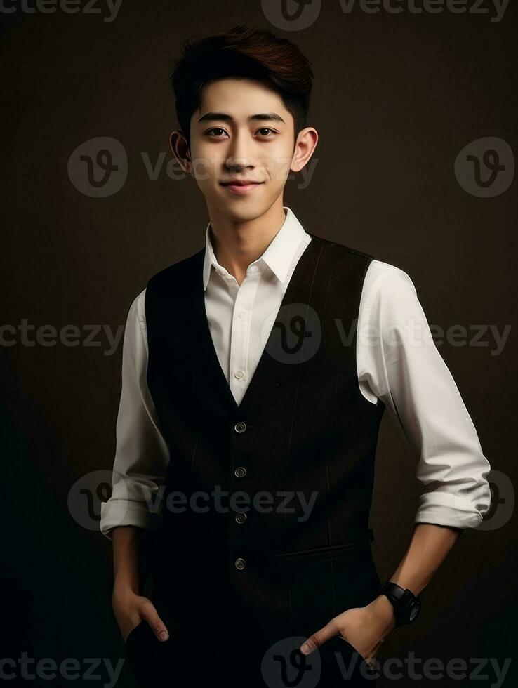 Smiling young man of Asian descent dressed in suit on gray background AI Generative photo