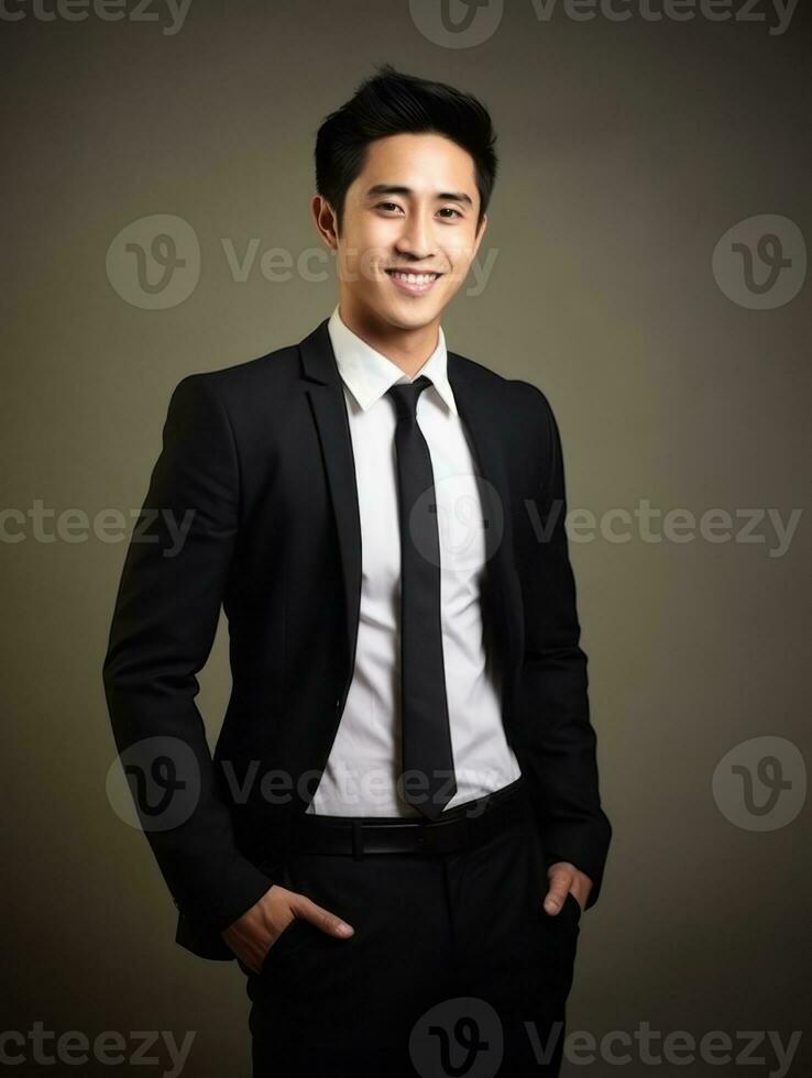 Smiling young man of Asian descent dressed in suit on gray background AI Generative photo