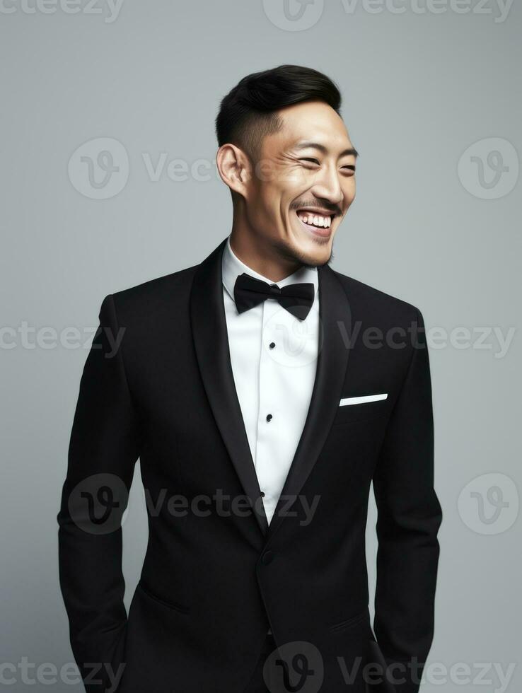 Smiling young man of Asian descent dressed in suit on gray background AI Generative photo