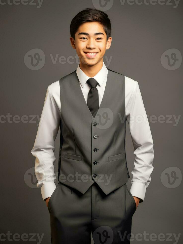 sonriente joven hombre de asiático descendencia vestido en traje en gris antecedentes ai generativo foto