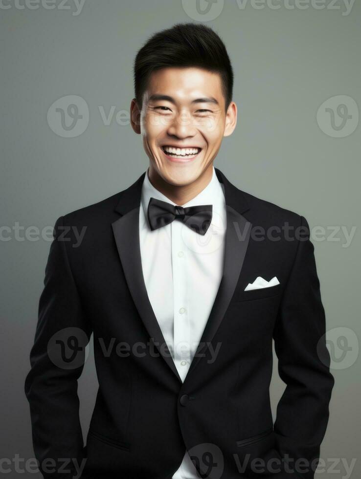 Smiling young man of Asian descent dressed in suit on gray background AI Generative photo