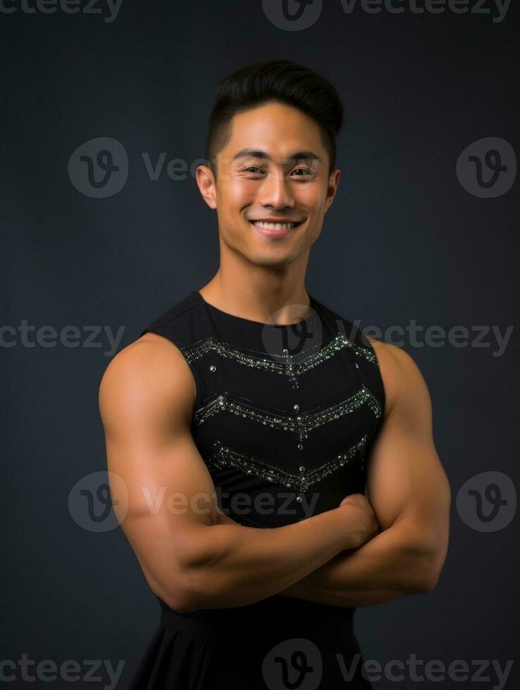 Smiling young man of Asian descent dressed in suit on gray background AI Generative photo