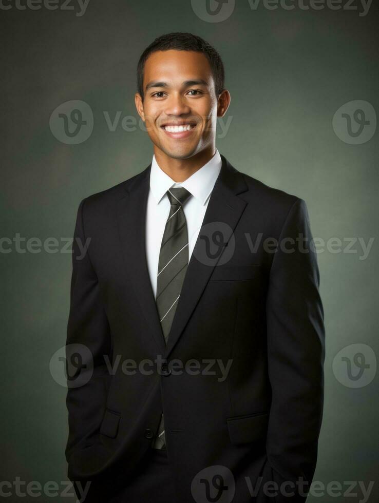 sonriente joven hombre de asiático descendencia vestido en traje en gris antecedentes ai generativo foto