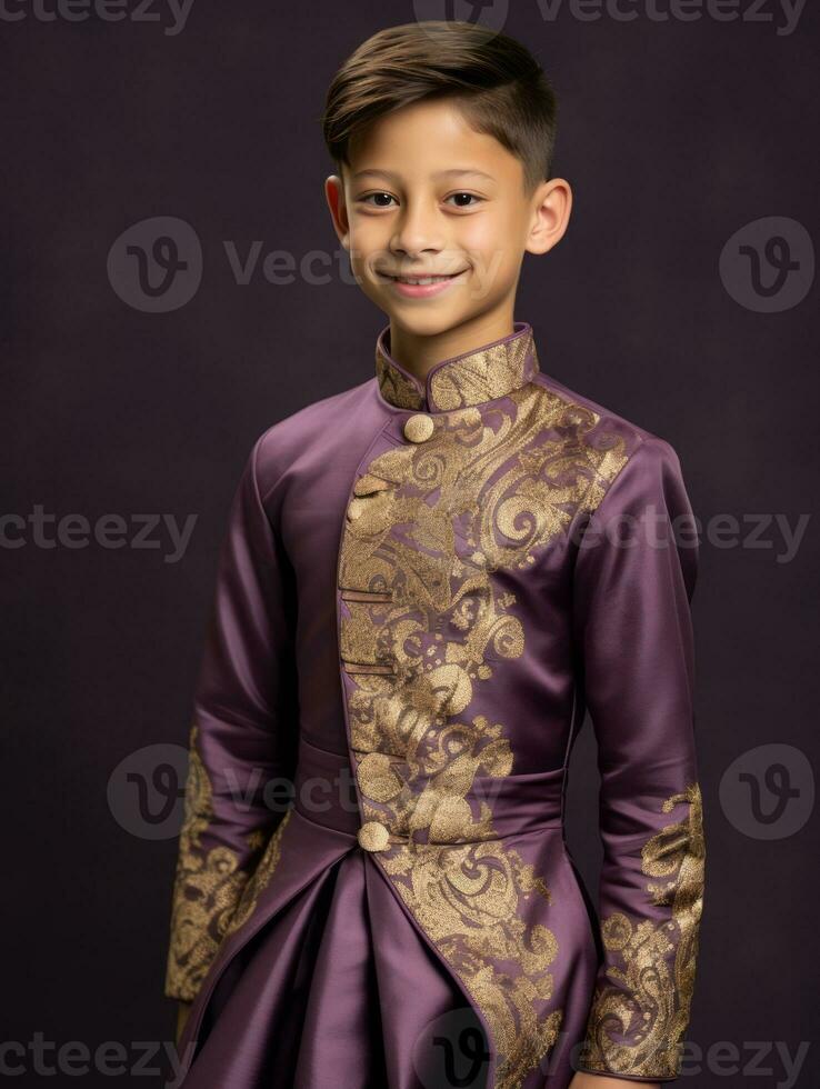 Smiling young man of Asian descent dressed in suit on gray background AI Generative photo