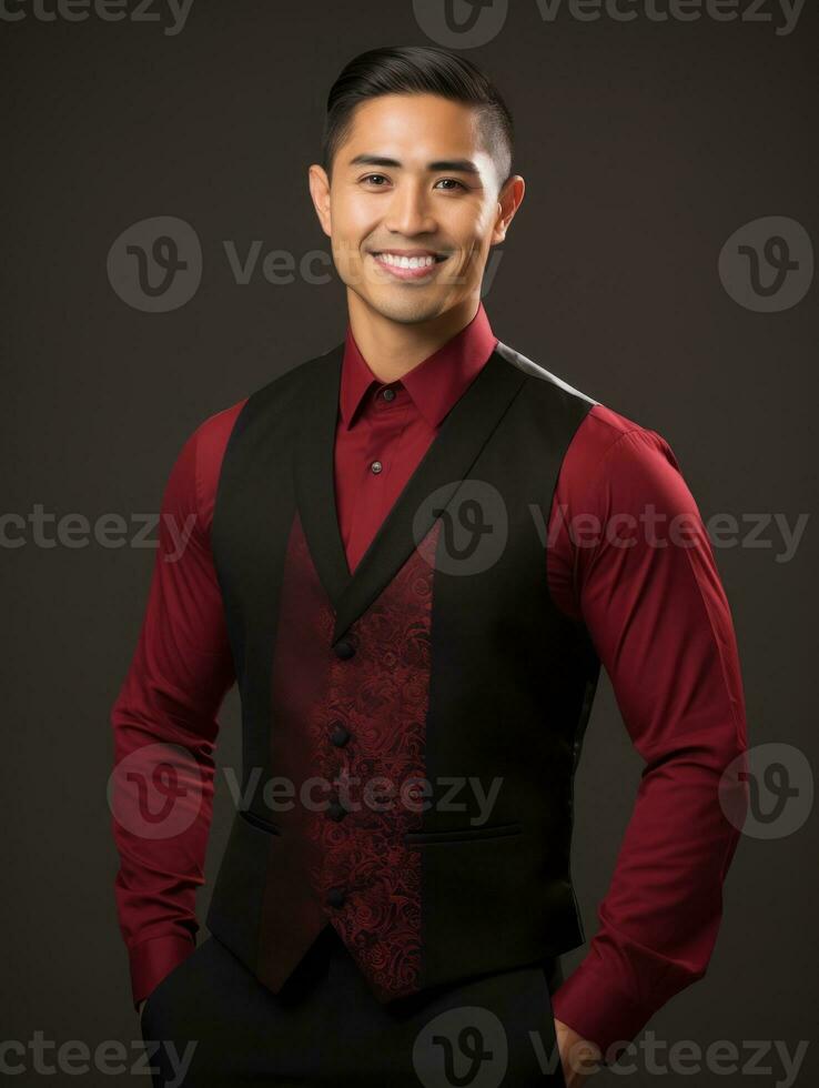 Smiling young man of Asian descent dressed in suit on gray background AI Generative photo