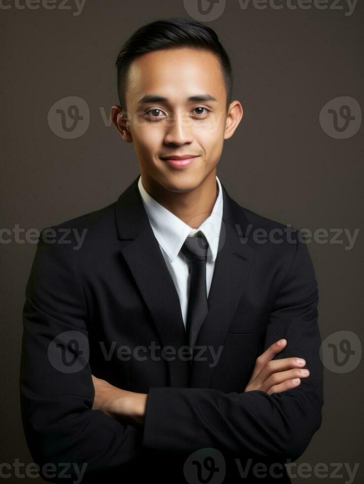 sonriente joven hombre de asiático descendencia vestido en traje en gris antecedentes ai generativo foto