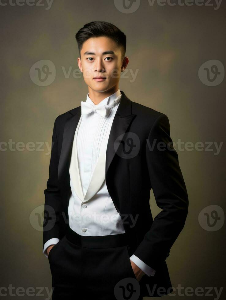 sonriente joven hombre de asiático descendencia vestido en traje en gris antecedentes ai generativo foto