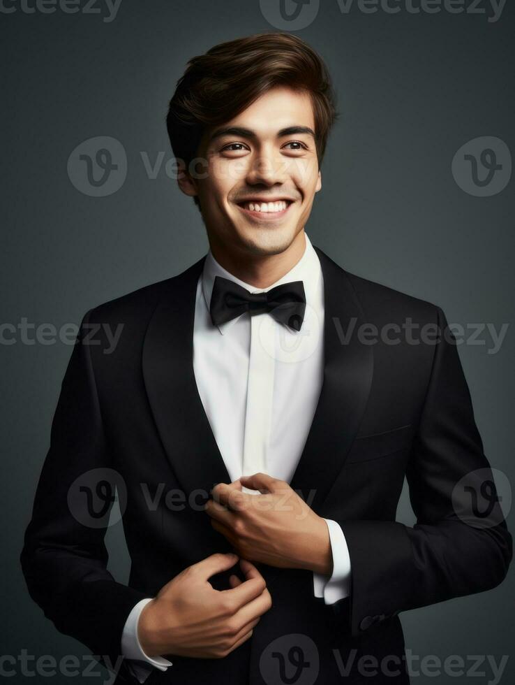 Smiling young man of Asian descent dressed in suit on gray background AI Generative photo