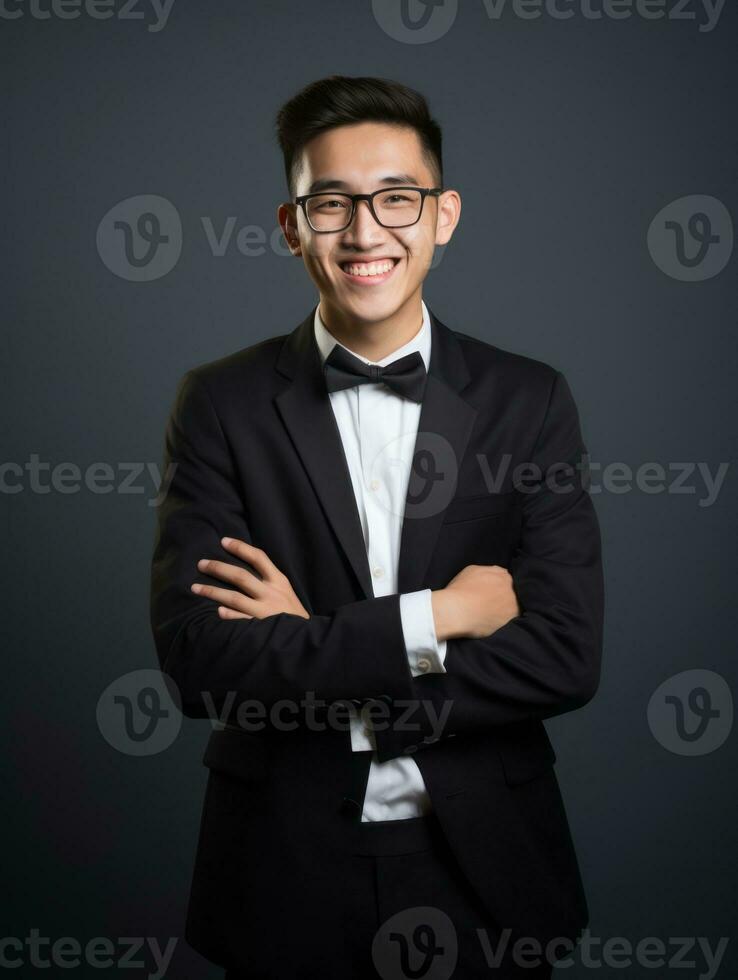 sonriente joven hombre de asiático descendencia vestido en traje en gris antecedentes ai generativo foto