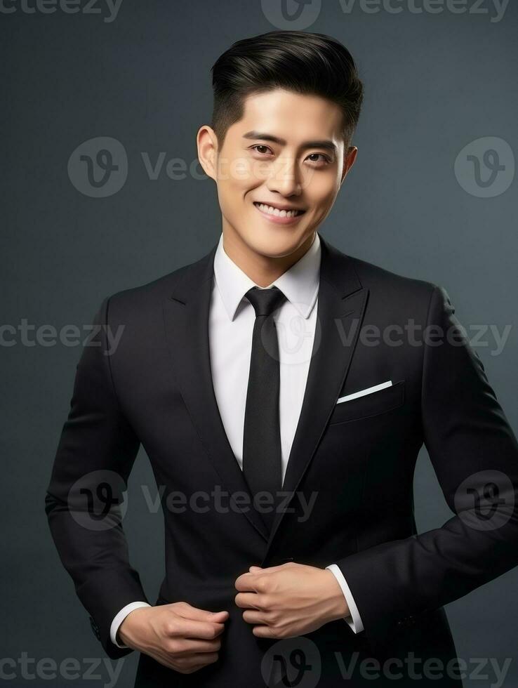 Smiling young man of Asian descent dressed in suit on gray background AI Generative photo