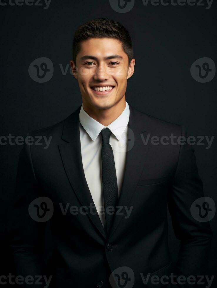 Smiling young man of Asian descent dressed in suit on gray background AI Generative photo