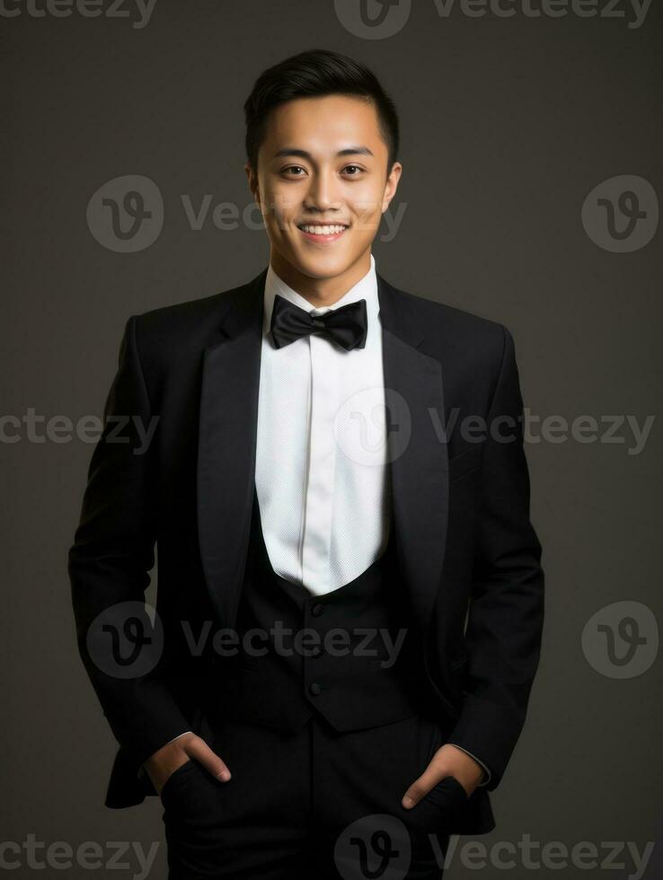 Smiling young man of Asian descent dressed in suit on gray background AI Generative photo
