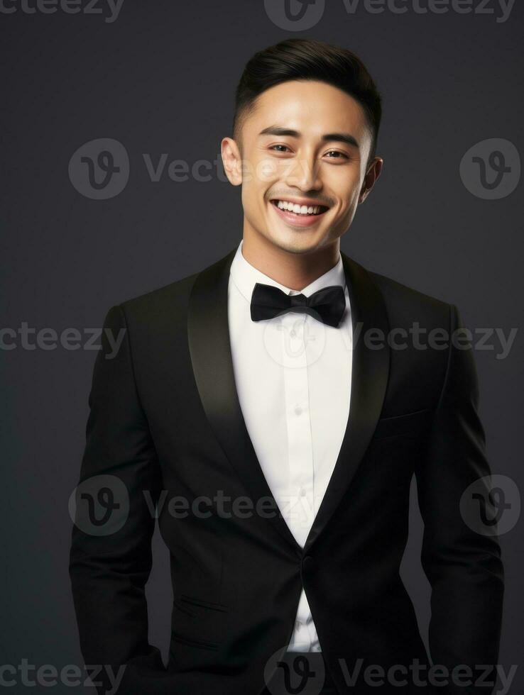 Smiling young man of Asian descent dressed in suit on gray background AI Generative photo