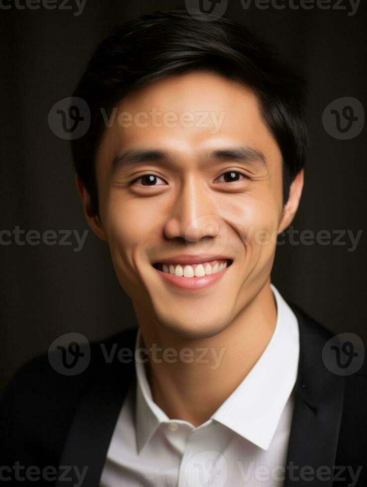 Smiling young man of Asian descent dressed in suit on gray background AI Generative photo