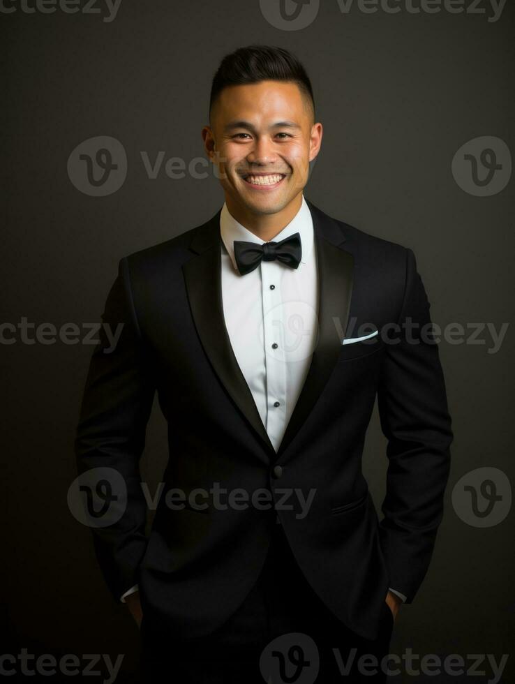 sonriente joven hombre de asiático descendencia vestido en traje en gris antecedentes ai generativo foto